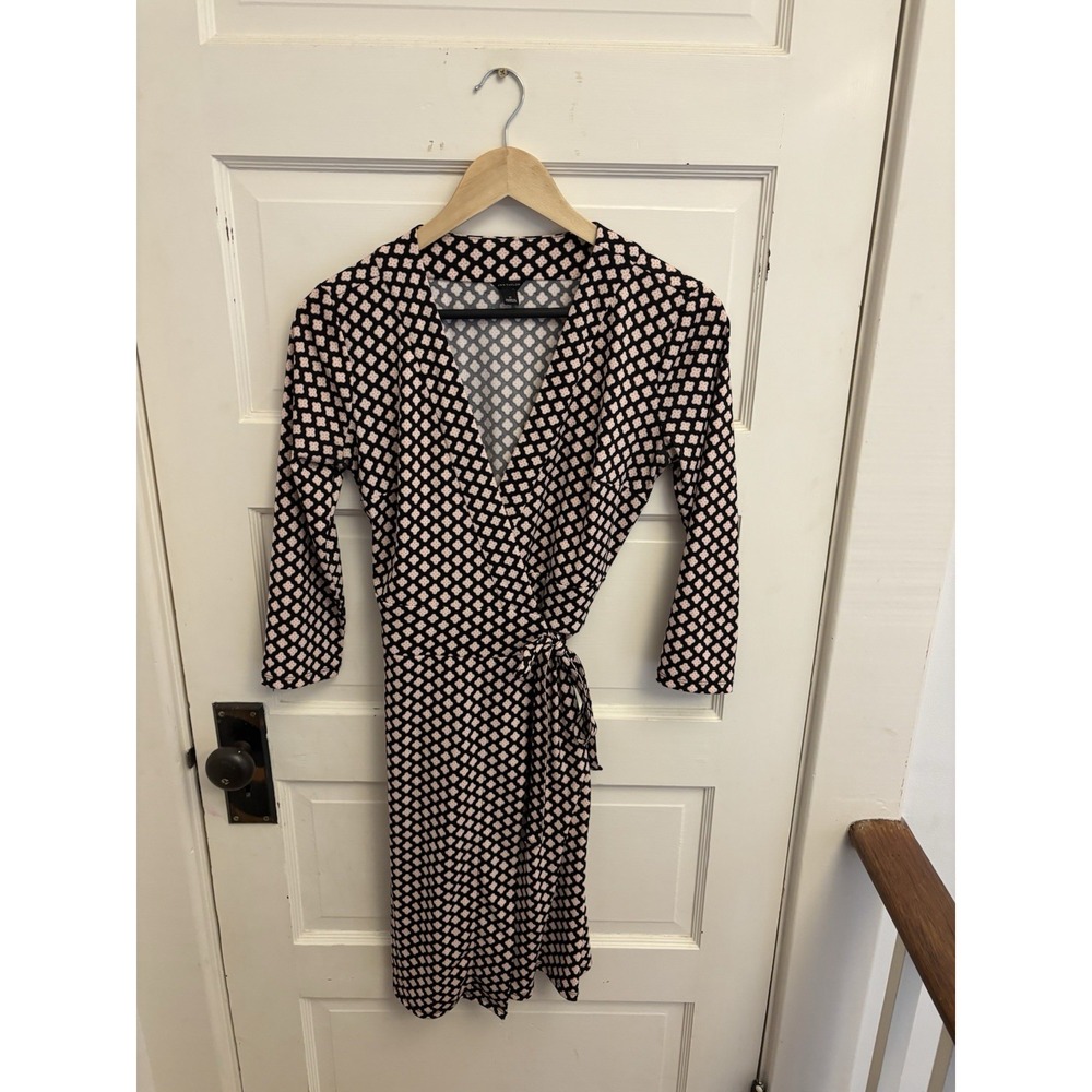 Ann Taylor Black‎ Peach White Geometric Floral Print Wrap Tie Dress Size 2